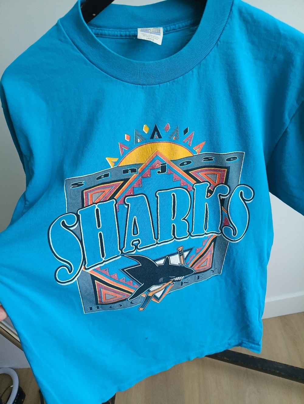 Vintage 90s San Jose Sharks Fiesta NHL T-Shirt Single Stitch Large Teal 1994 - Picture 2 of 8